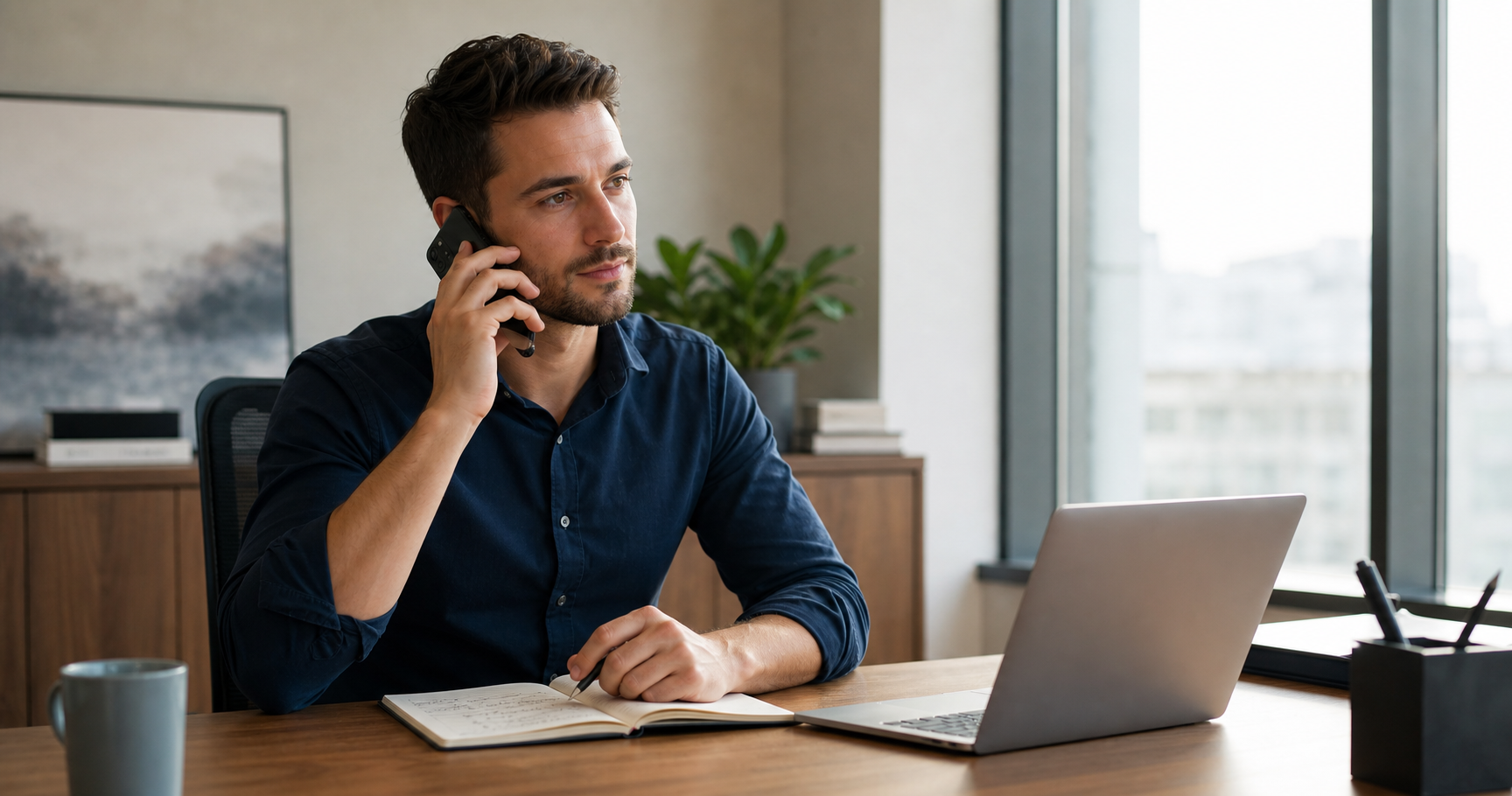 A salesperson making a calm, focused cold call from a modern office