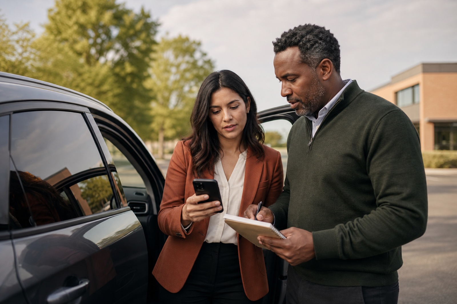 A field sales rep and manager reviewing a meeting recap beside a customer-site car park
