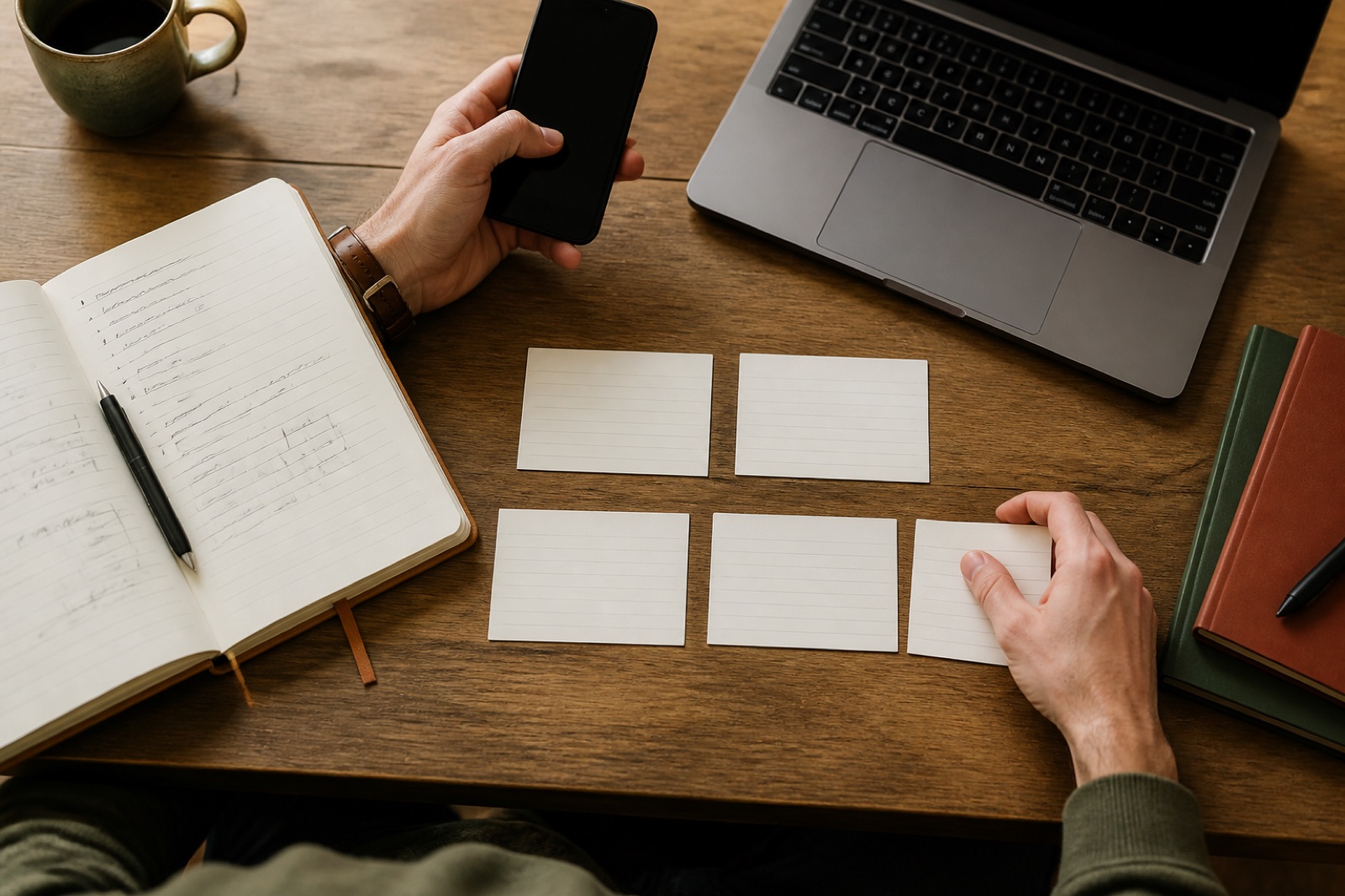 A sales professional arranging meeting details into a structured CRM template at a desk