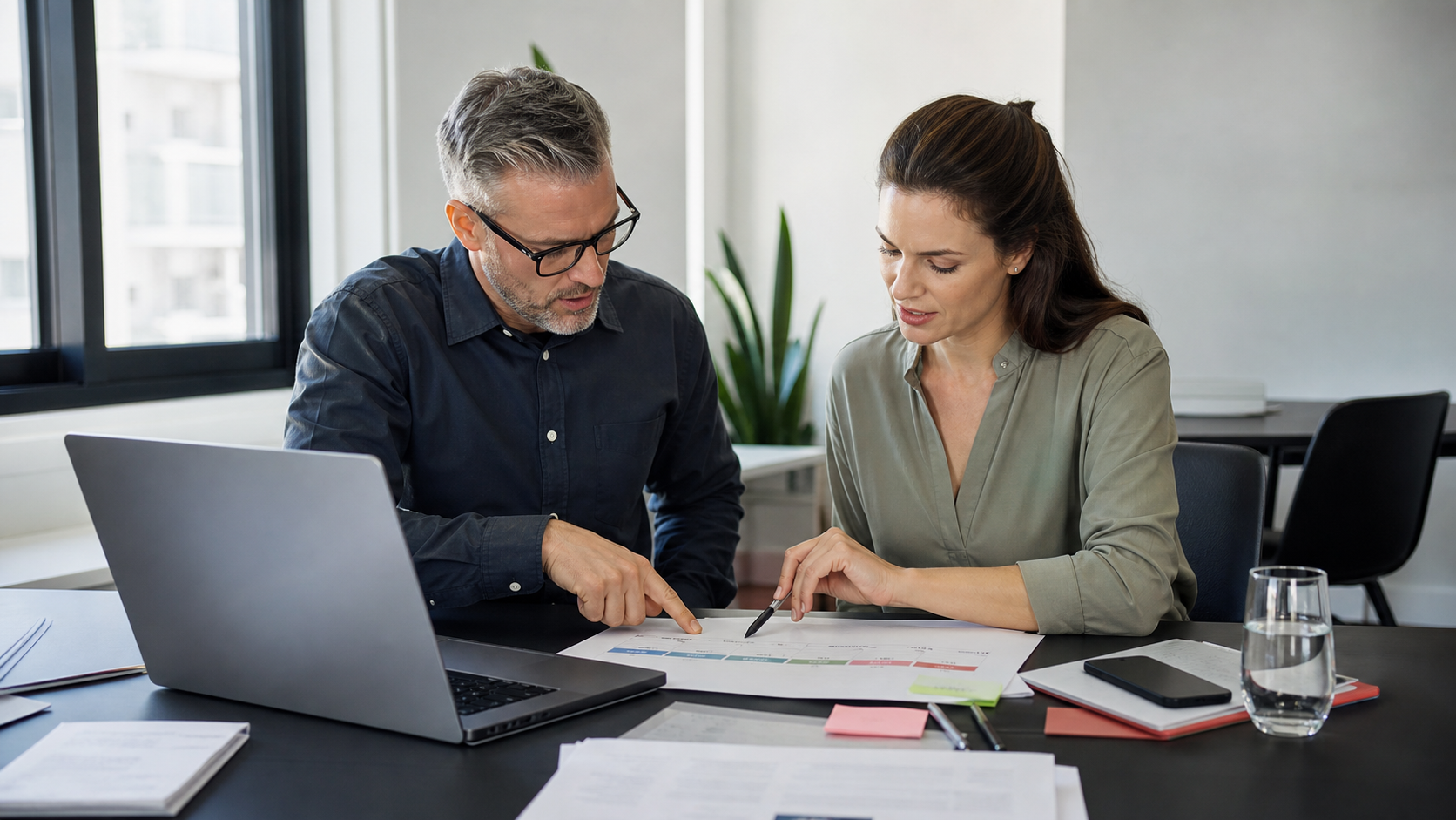 A buyer and seller editing a shared milestone plan during a business meeting