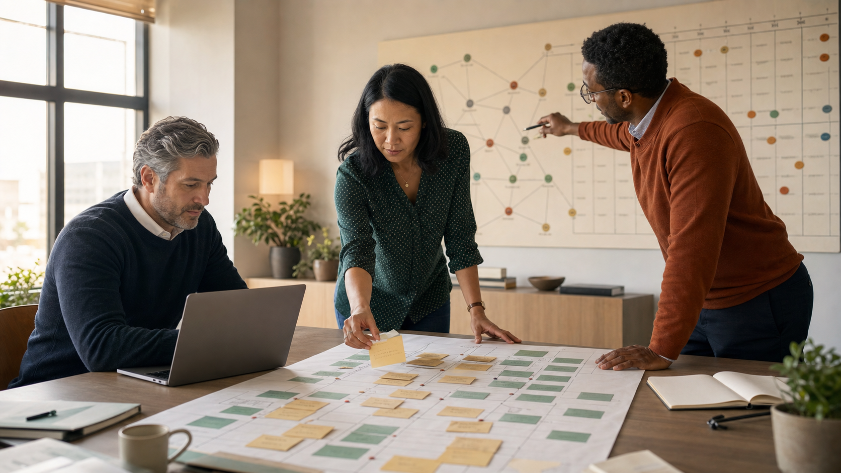 Three account-team colleagues updating a dated relationship map and account plan