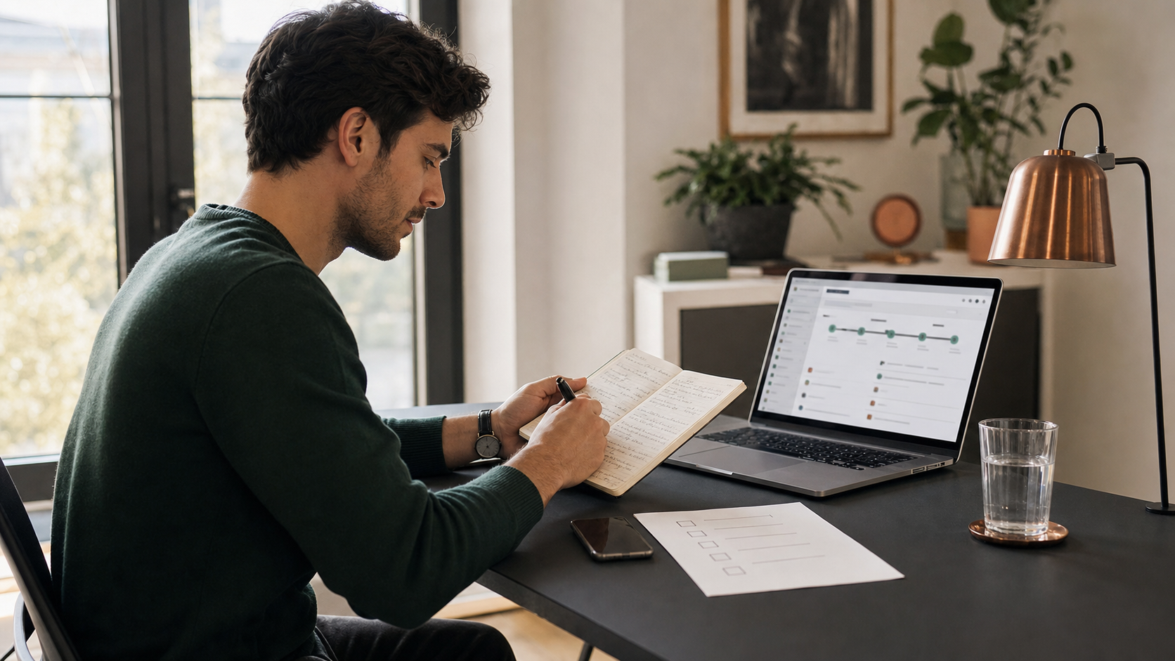 A sales professional reviewing meeting notes and CRM context before a customer call