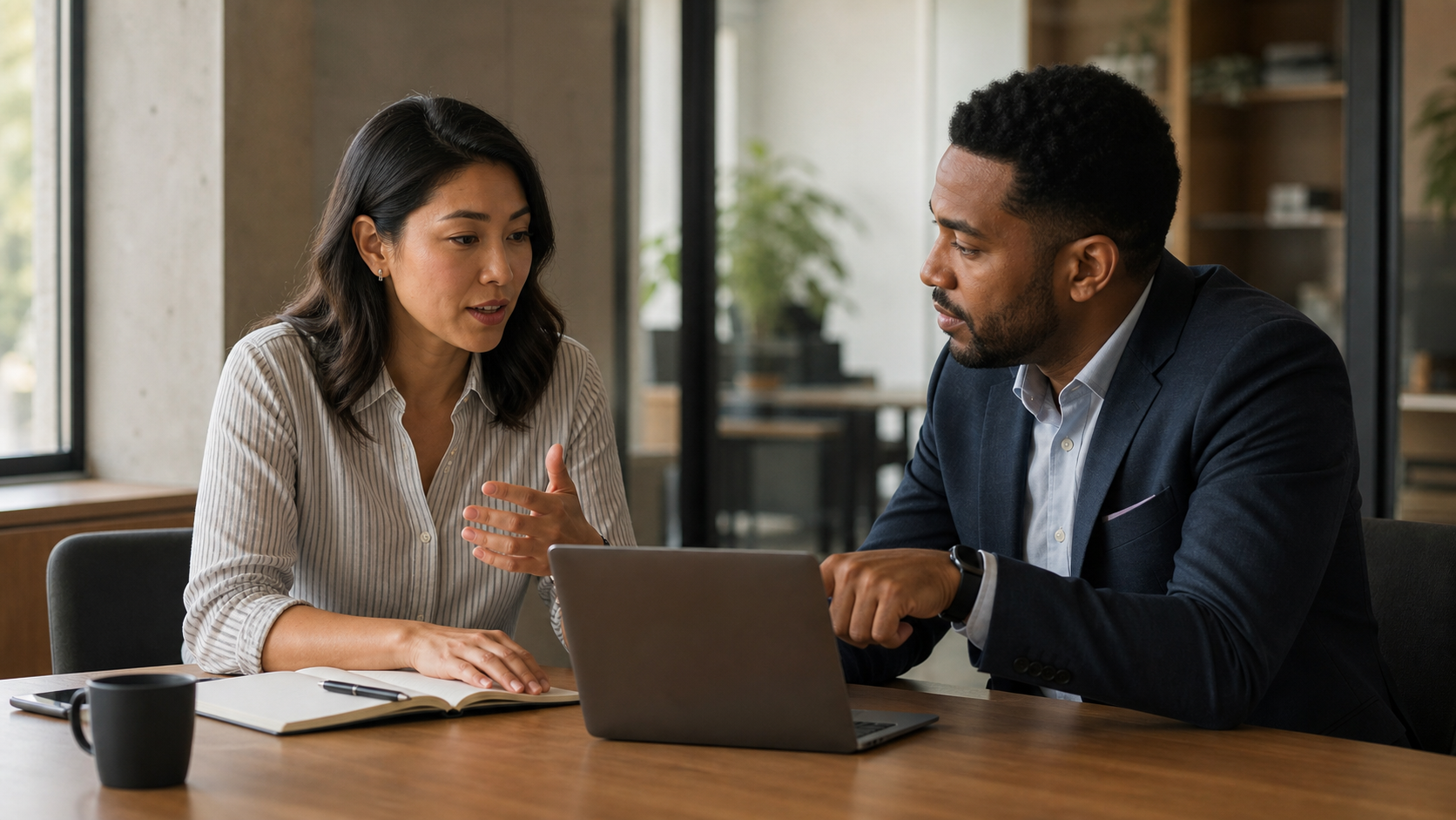 A sales manager and account executive reviewing a customer conversation during a coaching session