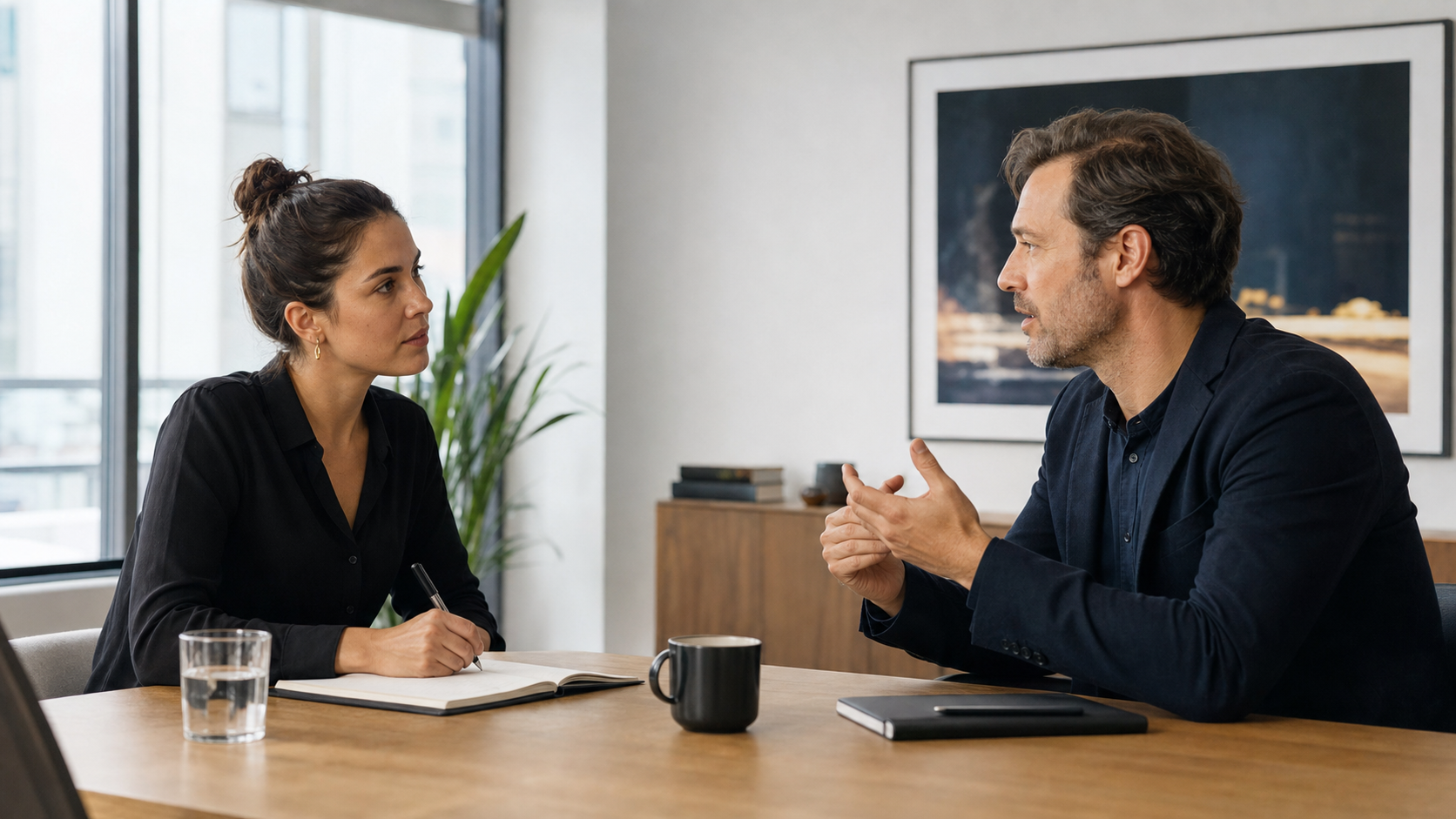 A salesperson listening carefully and taking notes during a discovery conversation