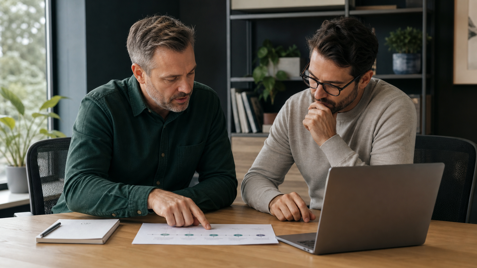 A sales manager and account executive reviewing a dated opportunity path beside a laptop