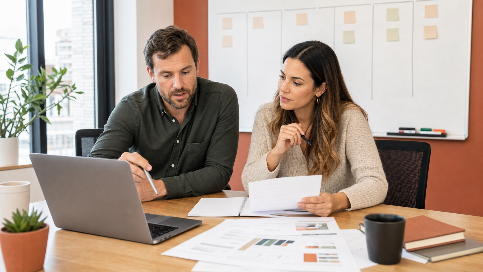 A sales manager and account executive reviewing pipeline evidence together