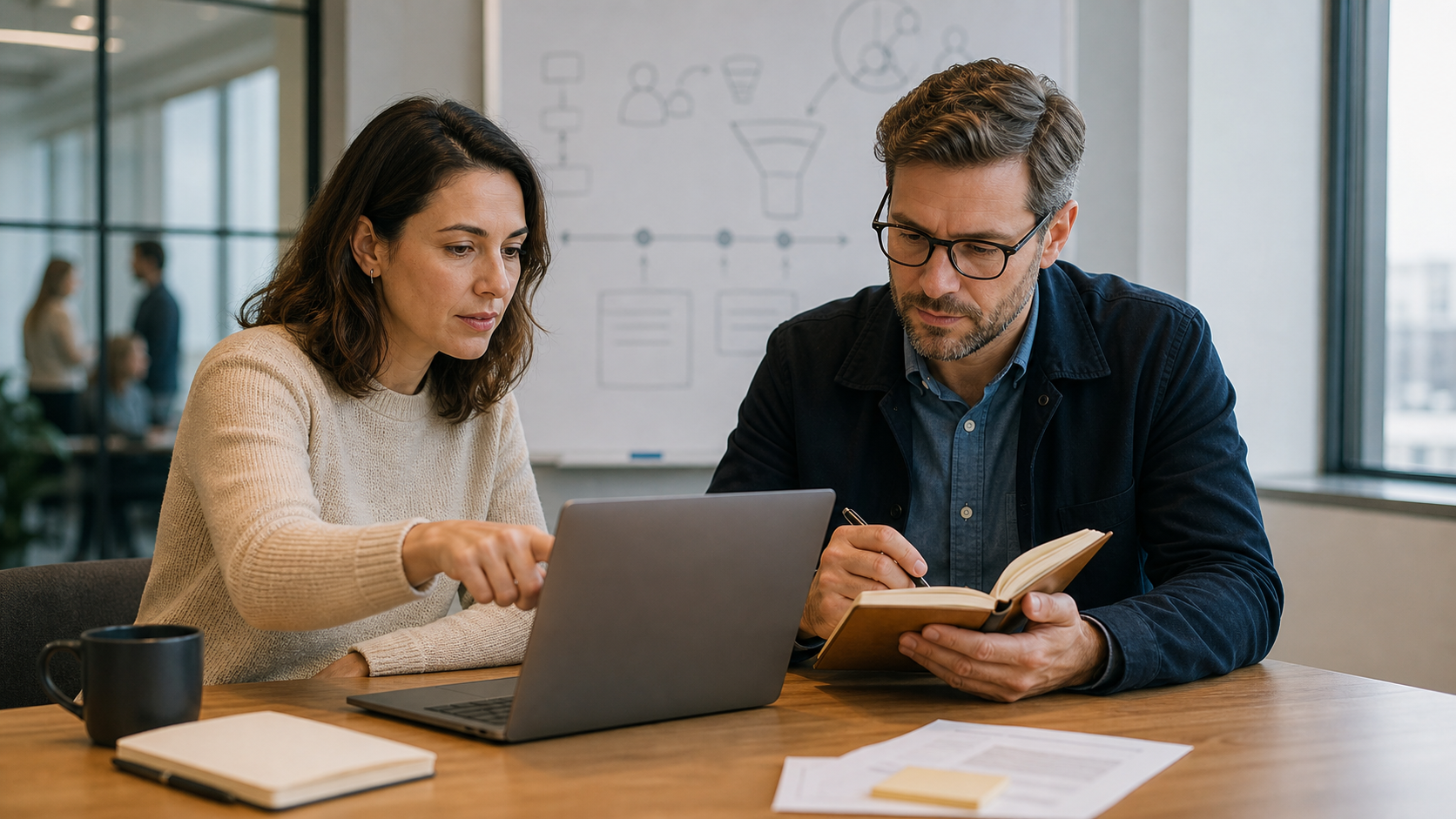 Two sales professionals checking buyer evidence against a CRM qualification record