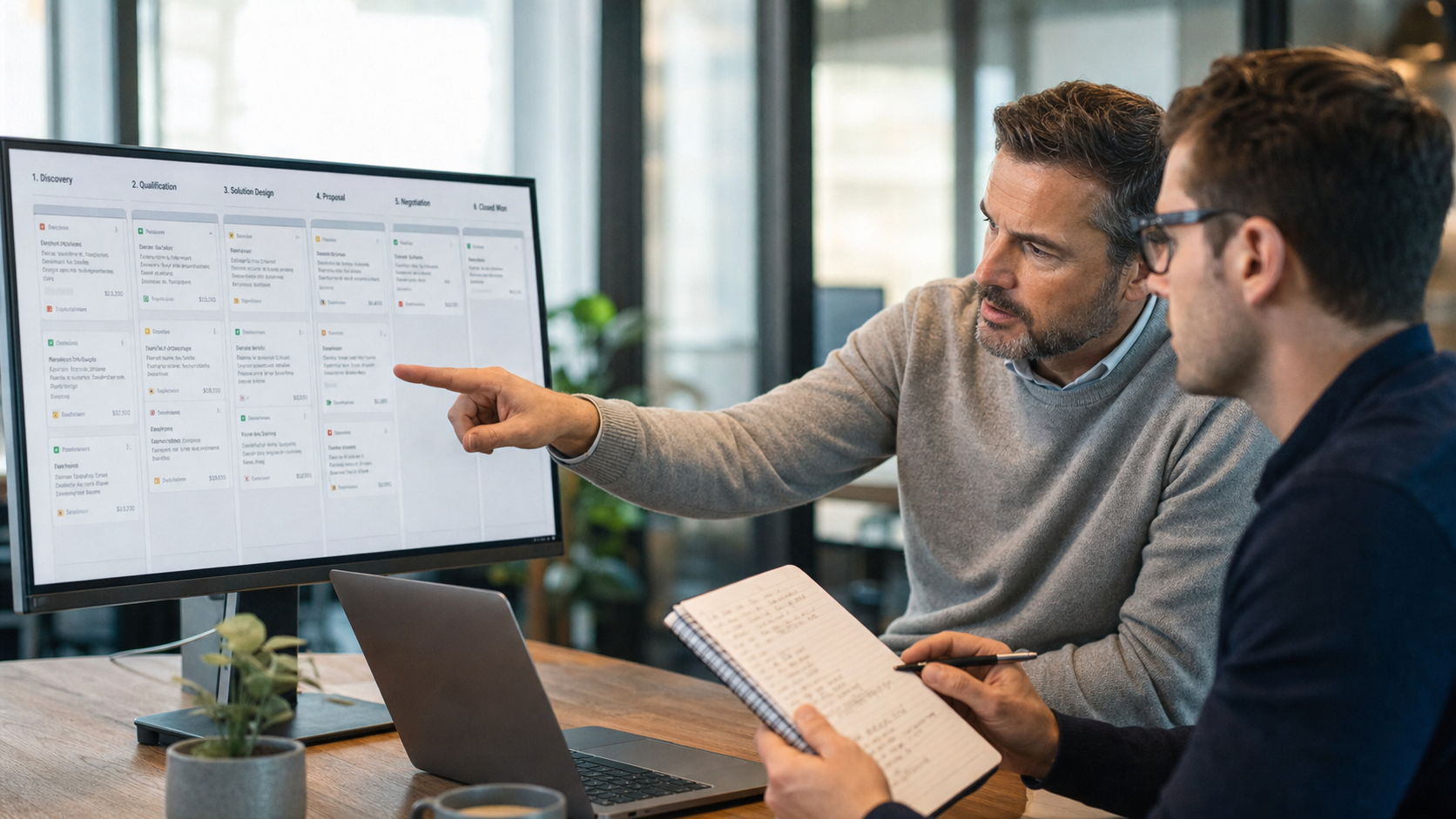 A sales manager and rep checking buyer evidence against opportunities in a sales pipeline
