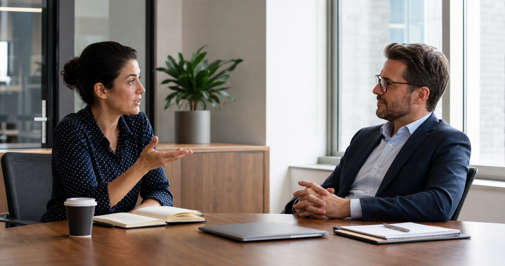 A salesperson listening calmly while a buyer raises a concern in a business meeting