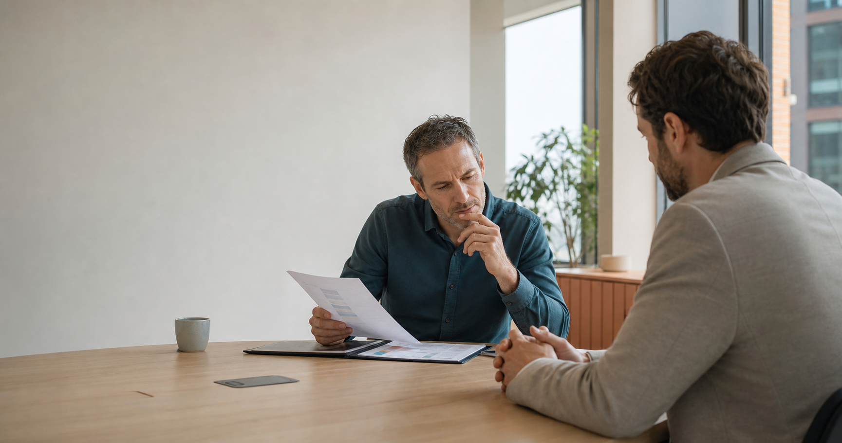 A buyer reviewing a proposal while a salesperson listens across the table