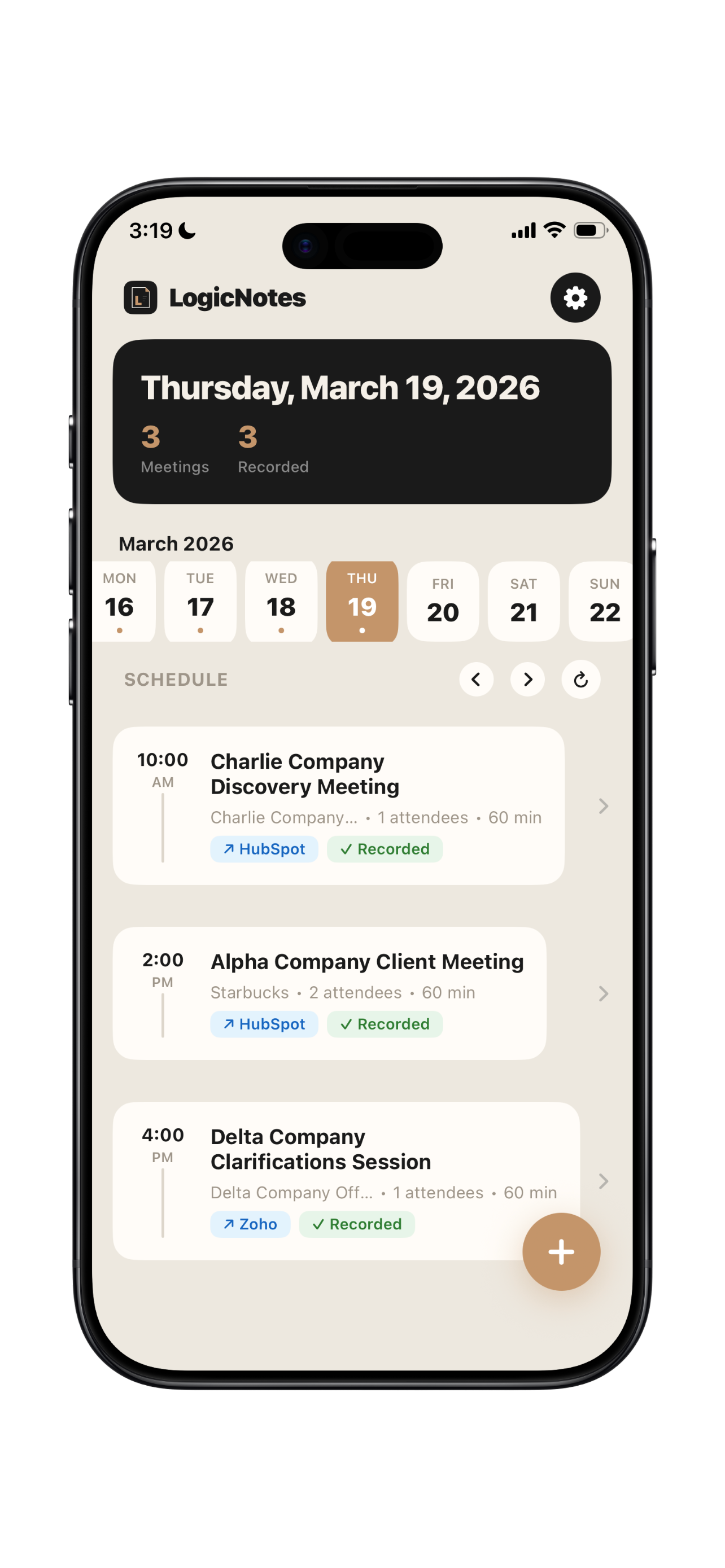 LogicNotes app — meetings list with calendar sync