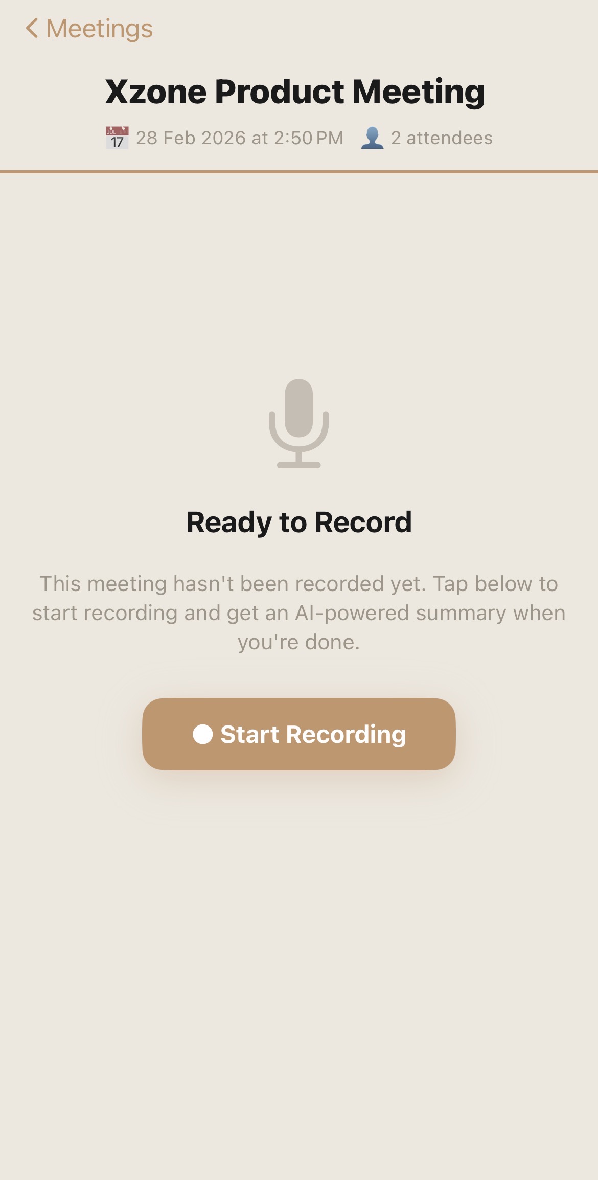 LogicNotes recording screen — tap to start recording your meeting