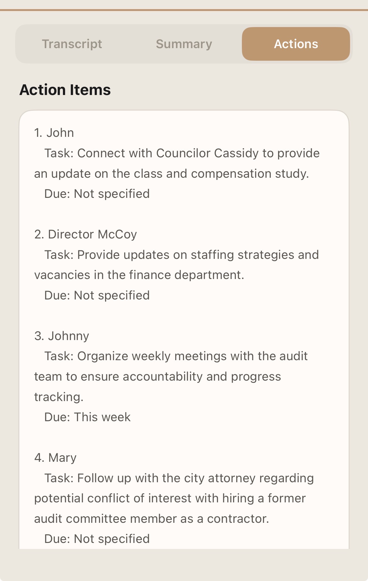 Extracted action items with assignees and due dates