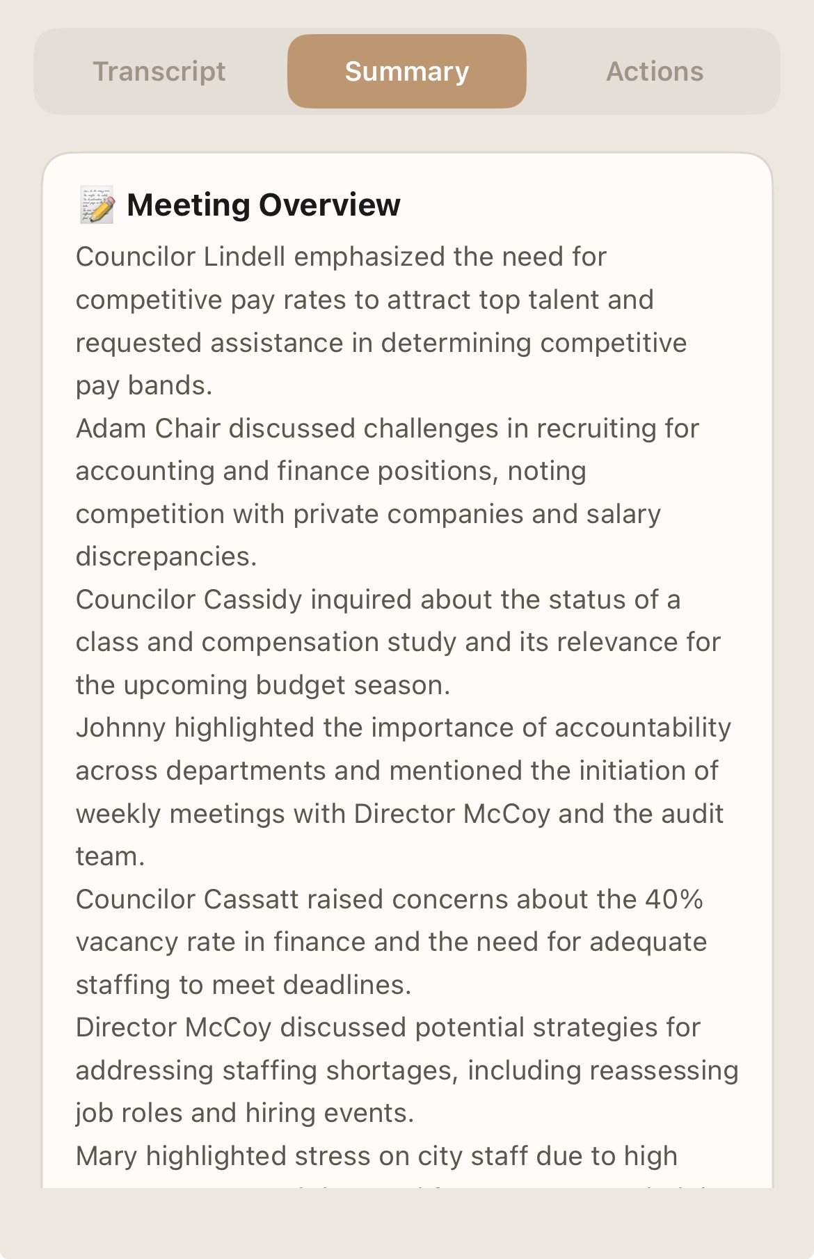 AI-generated meeting summary with key discussion points