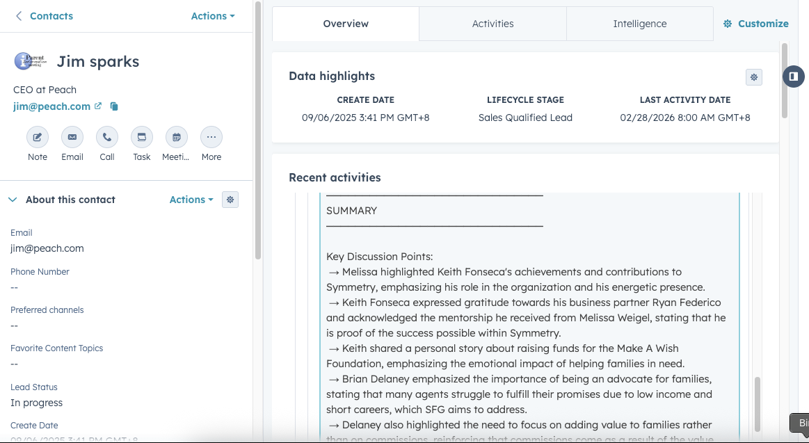 Meeting notes automatically synced to HubSpot contact record
