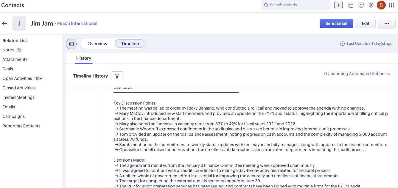 Meeting notes automatically synced to Zoho CRM contact timeline